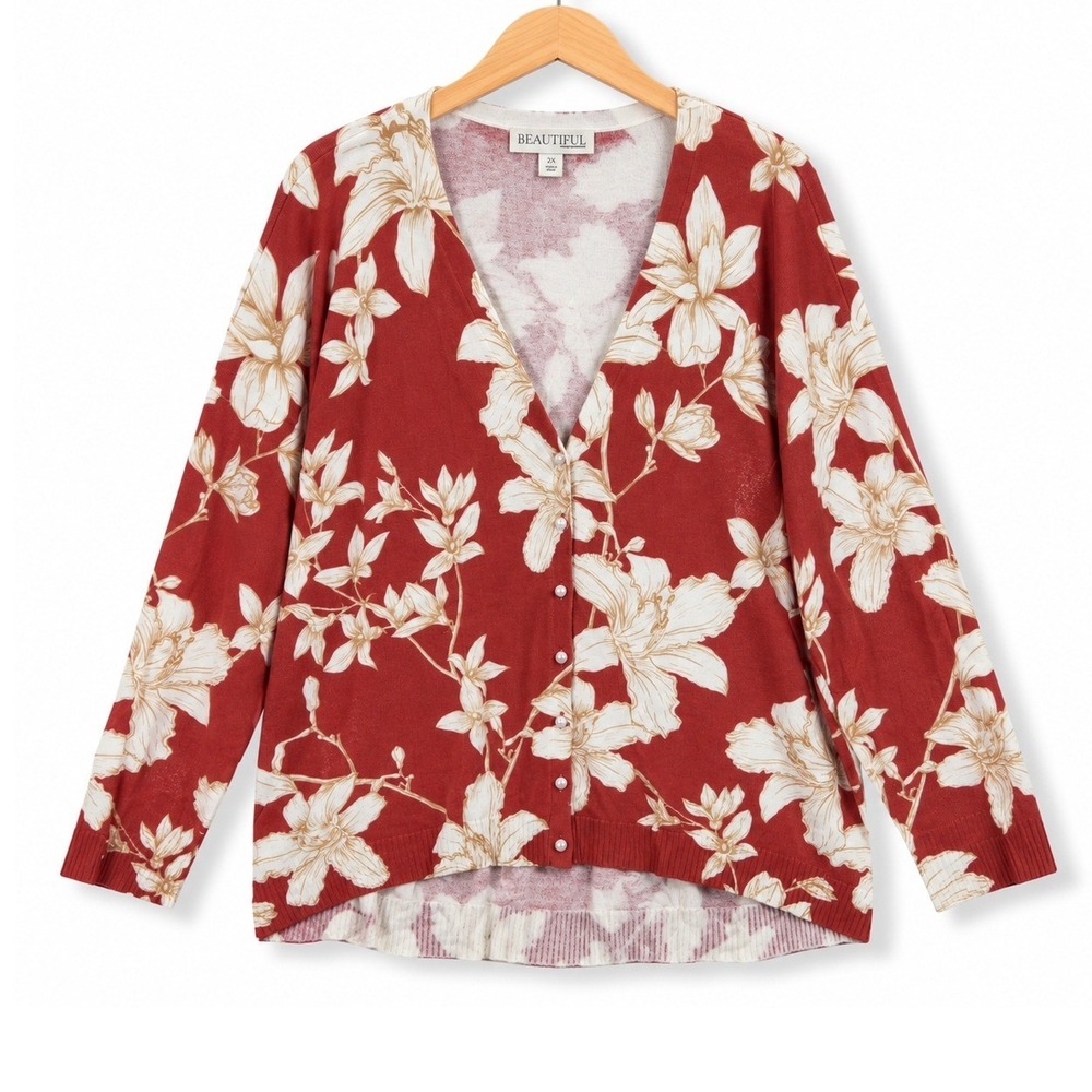 BEAUTIFUL by Lawrence Zarian Womens 2X Warm Tan Floral V-Neck Cardigan A637333